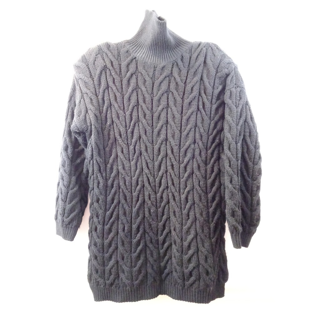 Linda Allard Ellen Tracy Women Black Cable Knit Turtleneck Sweater Side Slit